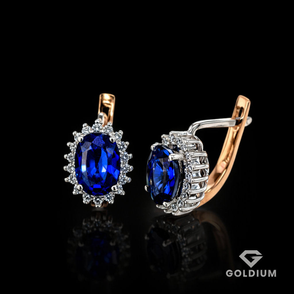 Zelta auskari ar briljantiem 0.38ct, safīri 2.60ct — изображение 2