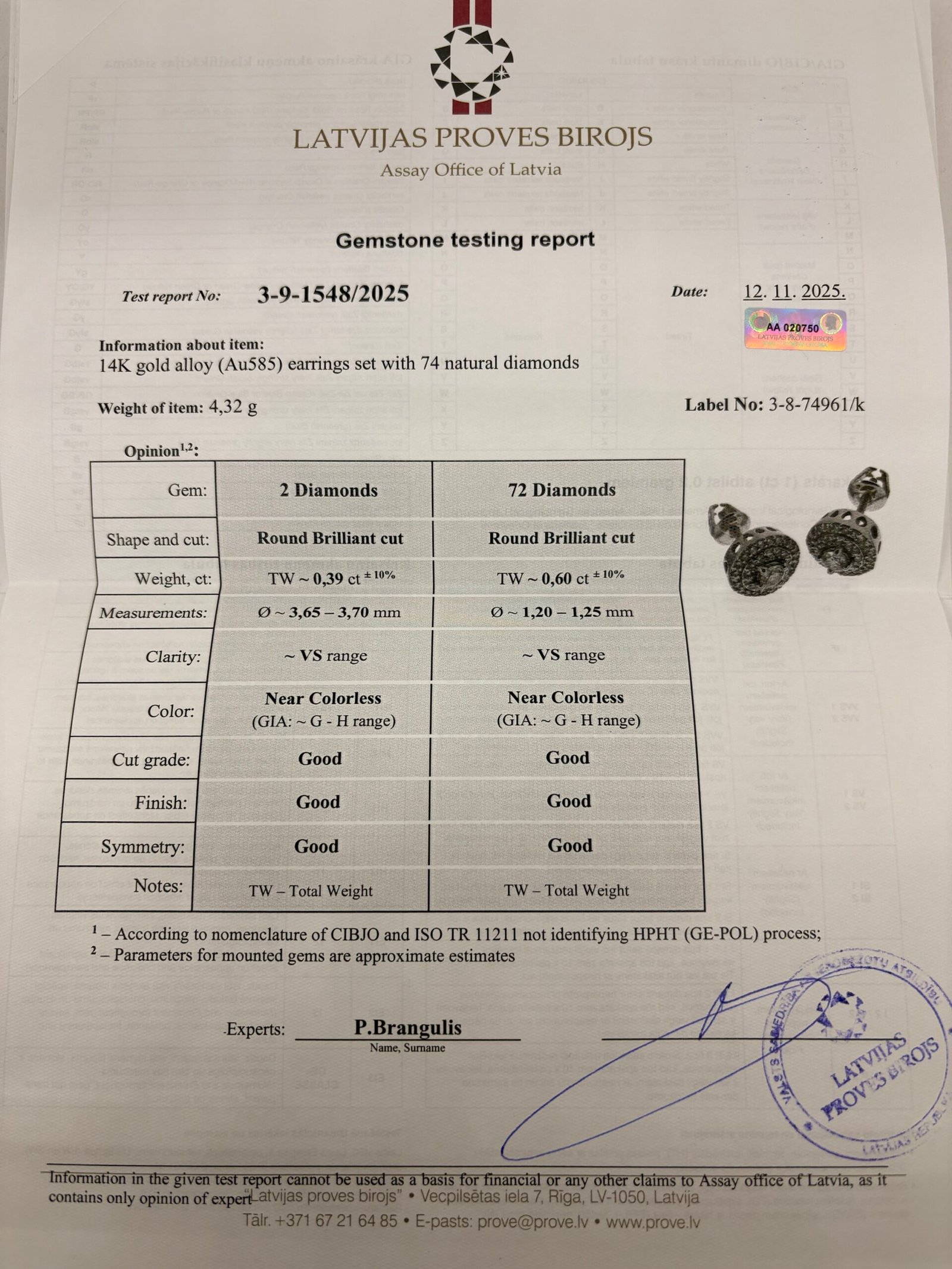 Baltā zelta auskari ar briljantiem 1.00ct — изображение 3